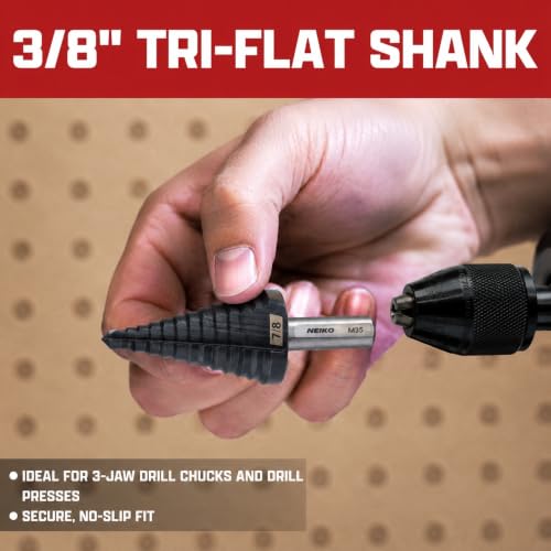 Image of NEIKO 10618B Step Drill Bit, 1 Step 7 /8 inch Straight M35 Cobalt, AlTiSiN Coated, 3 /8 inch Tri-Flat Step Bits for Steel, Metal, Wood, Plastic, Unibit Cone Drill Bits, Two Flute