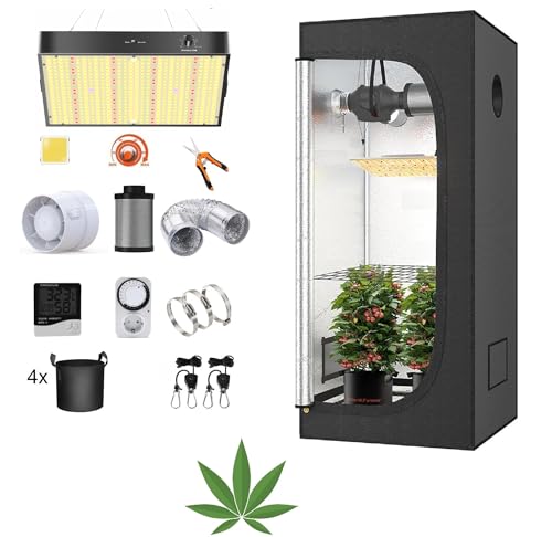 JUNG Growbox Komplettset, Cannabis Anbau Set mit LED Vollspektrum Grow Lampe Dimmbar, 70x70x160 cm, mit Ventilator, Abluft Aktivkohlefilter, Growzelt Anzucht Gewächshaus, Grow Tent Complete Set