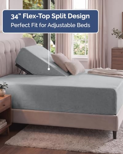 Image of Extra Deep Flex Top Split Head King Fitted Sheet - Hotel Luxury Single Fitted Sheet Only - Easily Fits 18 inch to 24 inch Mattress - Ultra Soft, Wrinkle Free w /Extra Deep Pockets - Heathered Grey