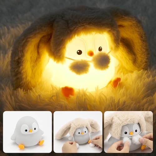 UNEEDE Luz de noche de pingüino, luz de noche para lactancia infantil, lámpara de noche de silicona, luz de noche de Pascua con orejas de conejo, lámpara de mesa, regalo para Pascua (postura sentada)