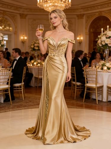 Image of Homdor Off Shoulder Satin Prom Dresses Long 2026 Beaded Formal Dresses Pleated Evening Party Gown with Slit Tail