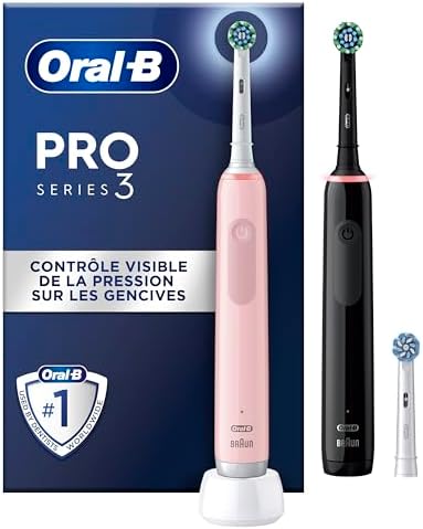 Oral-B Brosses A Dents Electriques Duo Pro 3 Noire Et Rose, Avec 3 Modes De Nettoyage 3D Dont Blancheur, Brossage Avec Des Oscillo-Rotations Et Pulsations, 3 Brossettes De Rechange RondesOral B