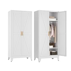 COFaR Metal Wardrobe Cabinet, 71″ Farmhouse Storage Cabinet with Hanging Rod, 2 Barn Door, 2 Adjustable Shelves and Legs, for Bedroom, Laundry Room, Cloak Room, Gym, Office, School (White)