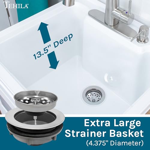 Image of Utility Sink with White Vanity Cabinet by JS Jackson Supplies, Stainless High-Arc Pull-Down Sprayer Faucet, Soap Dispenser and Spacious Vanity for Laundry Room
