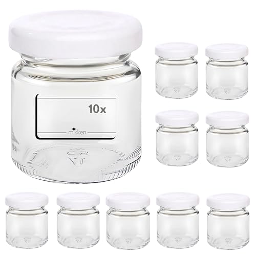 mikken 10 tarros pequeños de 53 ml para mermelada con tapa, color blanco, incluye etiquetas