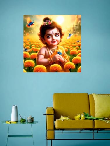 Image of Techgifti Baby Krishna Yellow Flower Wall Poster for Pooja Room, Office, Kids Room (Size- 46CM X 46CM)
