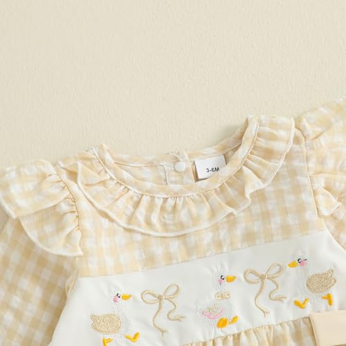 Infant Baby Girl Outfit Goose Embroidery Plaid Long Sleeve Smocked Bubble Romper Bodysuit Newborn Farm Clothes Fall4