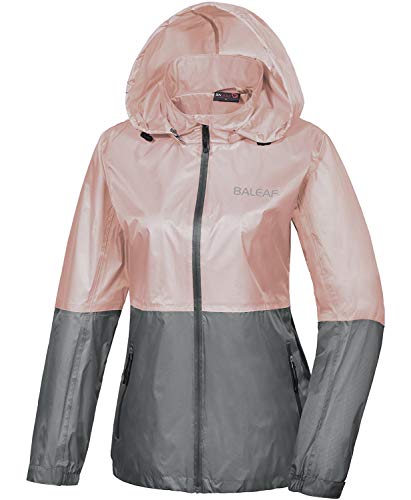 BALEAF Women's Weatherproof Thin Hooded Rain Jacket Outdoor Raincoat Windbreaker Pink/Grey S