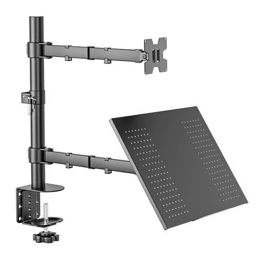 BAZIK Suporte Articulado para Monitor e Notebook – Braço Ajustável com Bandeja para Notebook até 17', Monitores de 13'' a 32'', Suporte para Monitor Duplo com Ergonômico com Organização de Cabos