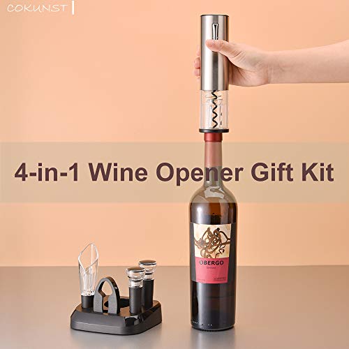 COKUNST Electric Wine Opener Set, 4-in-1 One-click Button Bottle Openers with Wine Pourer, Vacuum Stoppers, Foil Cutter for Wine Lovers Home Kitchen Party Wedding Bar - USB Rechargeable (Silver) - Image 6