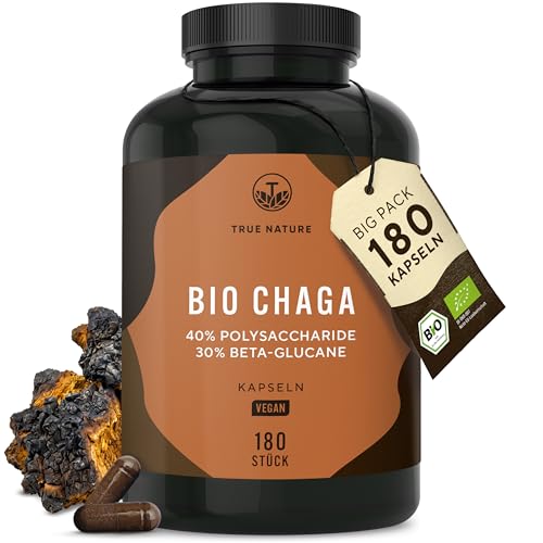 BIO Chaga Pilz Extrakt - 180 Kapseln - 12.000mg Extrakt (10:1) - 40% Polysaccharide - 30% Beta Glucane - Schiefer Schillerporling Pulver - Vegan Deutsche Produktion - TRUE NATURE