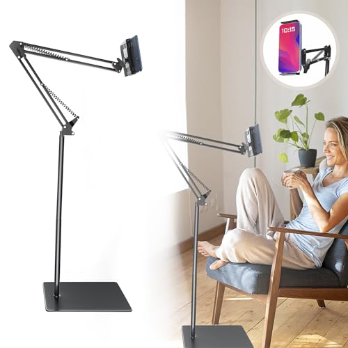 Hmfmdy Tablet Floor Stand, Heavy Duty Base Phone Floor Stand, Overhead Bed Phone Mount, Adjustable Tablet Phone Holder Compatible for iPad, Galaxy Tab, Kindle, Switch, E-Reader 4.7-12.9