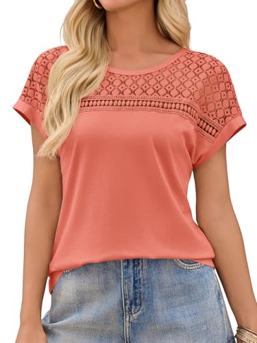 Imily Bela Womens Summer Tops Dressy Casual Short Sleeve Lace Trendy Shirts Crewneck T Shirt Hollow Out Loose Blouses Orange Red