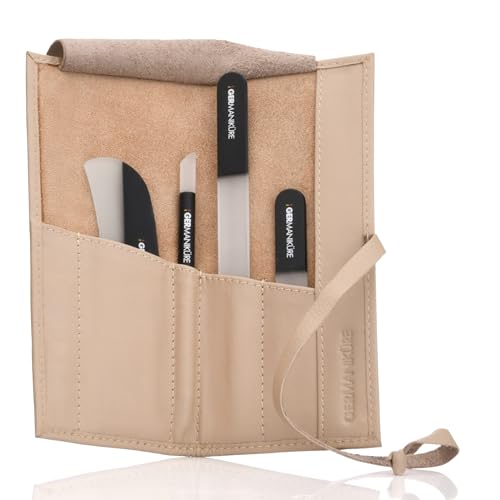 GERMANIKURE Czech Black Crystal Glass Nail File Set, Beige Leather Roll
