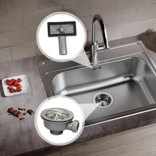 Inodiref Ablaufgarnitur Spüle 114mm, Abflusssieb Mit überlauf Spülbecken Ablaufgarnitur Spülenablauf Siebkorbventil Edelstahl Verdicktes Design 1½\ für Spülbeckenlochgröße 83–90 mm(Eckiger überlauf)