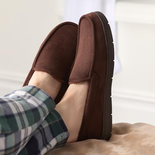 Fruit of the Loom Men’s Moccasin Slippers – Memory Foam Indoor Outdoor House Shoes, Cozy Fuzzy Footwear for Men, Dad, Husband, Christmas Gift, Non-Slip Suede Design, Brown, Large - image 7