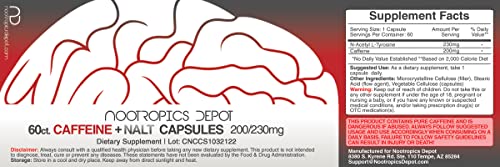 Nootropics Depot Caffeine + N-Acetyl L-Tyrosine Capsules | 200mg Caffeine | 230mg NALT | 60 Count |Promotes Energy | Promotes Positive Mood - Image 3