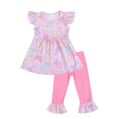 Image of nebljgo Toddler Girl Bunny Clothing Sets Spring Summer T-Shirt Leggings Pants Outfit 3-8Y