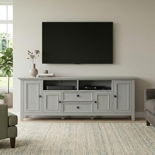 Image of SIMPLIHOME Amherst 72 inch Wide Solid Wood TV Stand in Fog Grey