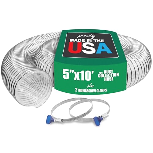 5" x 10' Ultra-Flex Clear PVC Dust Collection Hose, Puncture Resistant, Carbon Steel Wire, Debris and Fume Collection Heavy Duty Dust Collector Hose
