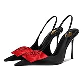 CAGLGLZ Flower High Heels for Women Closed Pointed Toe Stilettos Heel Pumps Slip On Elastic Ankle Strap Slingbacks Fashion Party Dressy Ladies Sandals Shoes(Black,8.5)