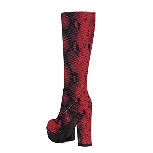 Ambelight Women's High Heel Round Toe Mid Calf Knee High Block 4.7 Inch Lug Sole Fashion Zipper Platform Boots Red Snake Size 8 - Tacones Para Mujer #TOP6