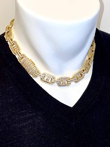 Baguette Mens 14K Gold Finish 15Mm Designer Miami Cuban Link Double Chain Choker Necklace Iced Round Set Cuban Chain For Men, Miami Cuban Link Chain Choker Necklace Real Solid Cuban Choker, Cuban 18 Inches #TOP1
