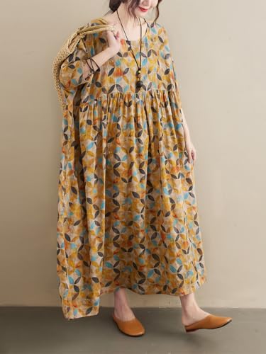 Women Plus Size Casual Dresses Loose Vintage Printed Summer Dresses Round Neck with Side Pockets Yellow Brown3