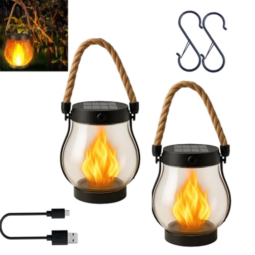 Linterna solar de llama danzante, luces solares y de carga USB para exteriores, 2 modos, diseño de cuerda de cáñamo, perfecto para patio, jardín, decoración de Navidad, luz de mesa única