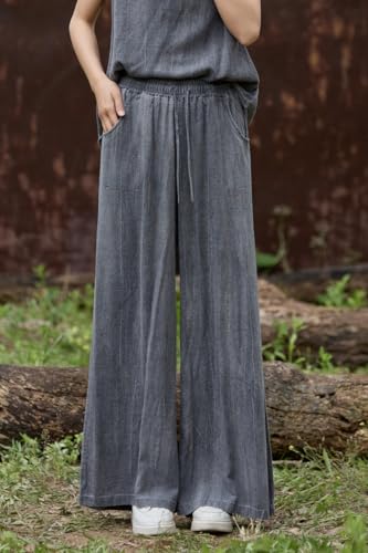 Women's Linen Wide Leg Pants High Waist Elastic Drawstring Summer Palazzo Pants4
