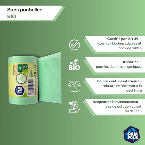 PAM-FOLIE Sacs poubelle bio 5/6L - 200 pièces - compostables, biodégradables - 4 rouleaux - biologiques, à Ordures - Organiques - Sac de Déchets Alimentaires – vue 3
