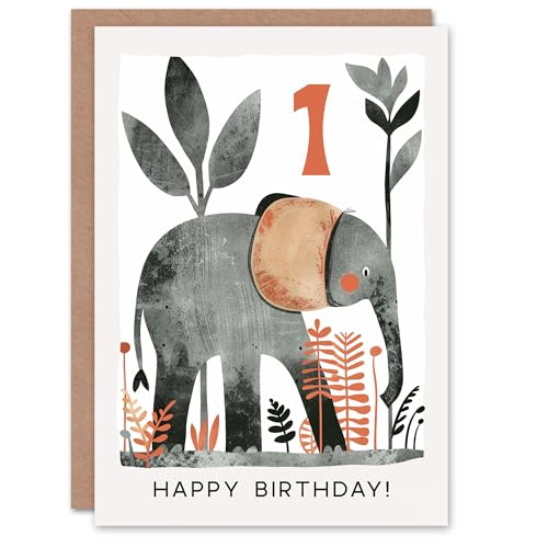 Artery8 Birthday Card Elephant Safari Nature Animal Cartoon Cute 1st First One Year Old for Child Kids Son Daughter Greeting Card