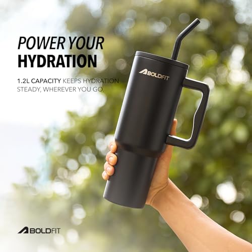 Image of Boldfit Tumbler Bottle with Lid and Straw 1.2L Stainless Steel Water Tumbler | Leakproof Travel Mug with Handle & Reusable Straw Sipper with Cleaning Brush 1200ml