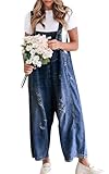 chouyatou Women Loose Adjustable Strap Denim Bib Overall Jeans Distressed Wide Leg Baggy Overalls Jumpsuit (XX-Large, Dark Blue)