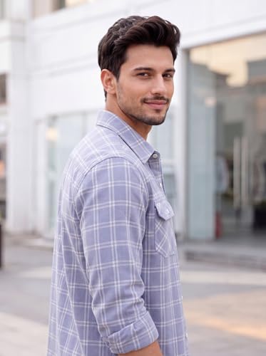 Image of Amazon Brand - INKAST Men's Cotton Blend Button Down Shirt || Long Sleeve Casual Flannel Check Shirt || Soft Breathable Lightweight Collared Shirts with Two Flap Chest Pockets || Stylish Everyday Wear