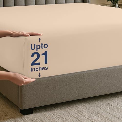 Utopia Bedding Fitted Sheet Queen - Extra Deep Pocket - 53 cm Deep - Soft Microfibre - Shrink and Fade Resistant - Easy Care - 1 Fitted Sheet Only (Beige)