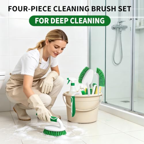 Image of Scrub Brush Set of 4 Pack, Heavy Duty Shower Cleaning Brush Set, Green | with Non-Slip Handle Scrubber Brush Ergonomic Design Cleaning Scrub Brush Set for Household Use, Shower, Floor, Tub, Kitchen