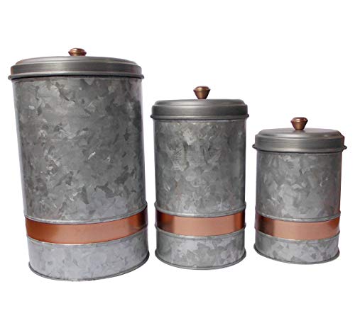 Benjara, Gray Galvanized Metal Lidded Canister With Copper Band, Set Of Three, 3 Count #TOP1