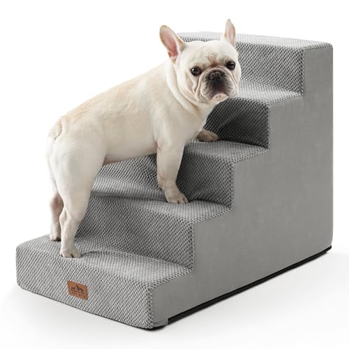 COZY KISS Hundetreppe für Kleine Hunde, 5 Stufen Breiter Haustiertreppe für Bett Couch Auto, 60cm Hoch Hochdichtem Schaumstoff Katzentreppe mit Abnehmbarem Bezug (Grau, 75x50x60cm, 5)