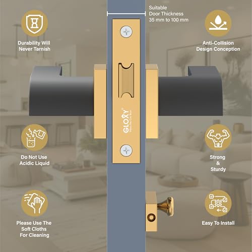 Image of GLOXY Door Lock Set for Bathroom, Mortise Door Lock Handle Set for Balcony, Mortise Tower Bolt, Keyless Lock Handle Set for Storeroom | Gold & Black Finish (2 Years Warranty, Pack of 1)