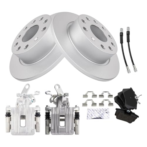 Image of TRQ Rear Brake Pad and Rotor Set Ceramic G Coated 253 mm Rotors Calipers Hoses Compatible with 2010-2013 Audi A3