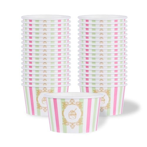 Image of Coppetta 8 Ounce Dessert Cups, 50 Greaseproof Ice Cream Cups - Lids Sold Separately, For Hot And Cold Foods, Green And Pink Stripe Paper Yogurt Bowls, Disposable, Sturdy - Restaurantware