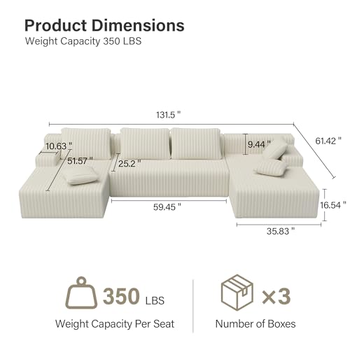 Image of LAUSAINT HOME 132 inch Modular Sectional Sofa Couches, U-Shaped Boneless Cloud Sofa with 4 Deep Seat, 6 Cushiones Oversized Chaise for Living Room, Bedroom, Plush Corduroy Fabric (U Shaped Sofa, Beige)