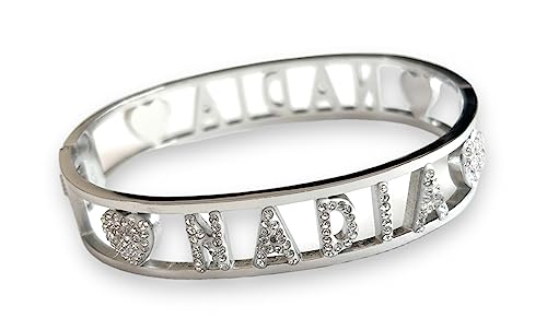 ❤️ Circonferenza 19 Cm SiLo Bijoux BRACCIALE NOME DONNA IN ACCIAIO INOX 316L RIGIDO MOLTI NOMI DISPONIBILI CON STRASS CHIUSURA A MANETTA MOLLA - CONFEZIONE REGALO INCLUSA (NADIA)