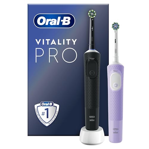 Image of Oral-B Vitality Pro 2x Electric Toothbrushes For Adults, Christmas Gifts For Women / Him, 2 Toothbrush Heads, 3 Brushing Modes Including Sensitive Plus, 2 Pin UK Plug, Black & Purple