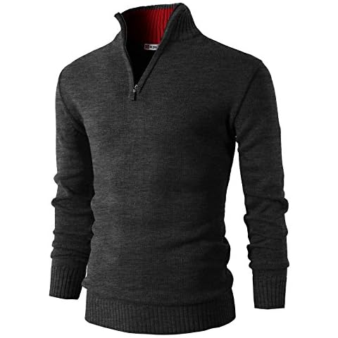 H2H Mens Casual Slim Fit Long Sleeve Knitted Sweaters Top Quarter Zip Mock Neck Pullover Charcoal US L/Asia XL (KMOSWL021) Cover