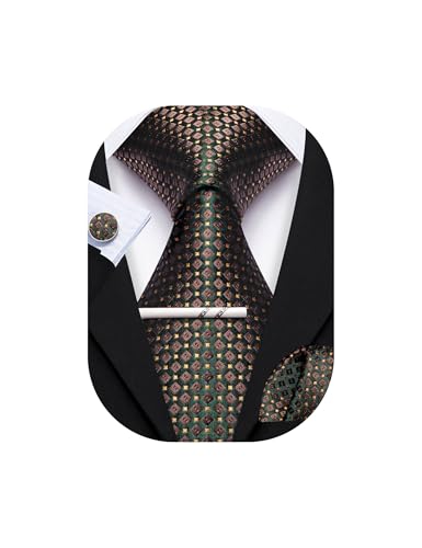 YOHOWA Emerald Green Gold Brown Tie Set image