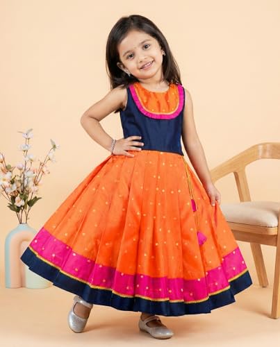 Image of Girls Designer Lehenga Choli Set Orange Rani Pink Readymade Pattu Pavadai Style Traditional Ethnic Dress for Baby Girls Kids Festive Wedding 3Months-8 Years