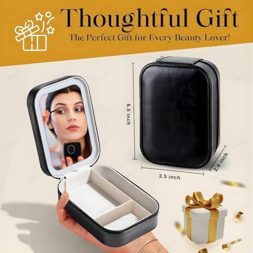 Image of Small Travel LED Makeup Mirror Case with 3 Adjustable Color Light Settings, Dust-Proof Jewelry Box, Mini Cosmetic Train Case Ideal for Short Trips, Cosmetic Bag with Mirror (Black)