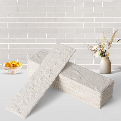 Zoeteoz 100 Pcs Faux Thin Brick 3D Wall Tiles Veneers, 14 Sq.ft, Realistic Brick Texture and Lightweight, Suitable for Various Indoor and Outdoor Scenes (Eco-Friendly White)